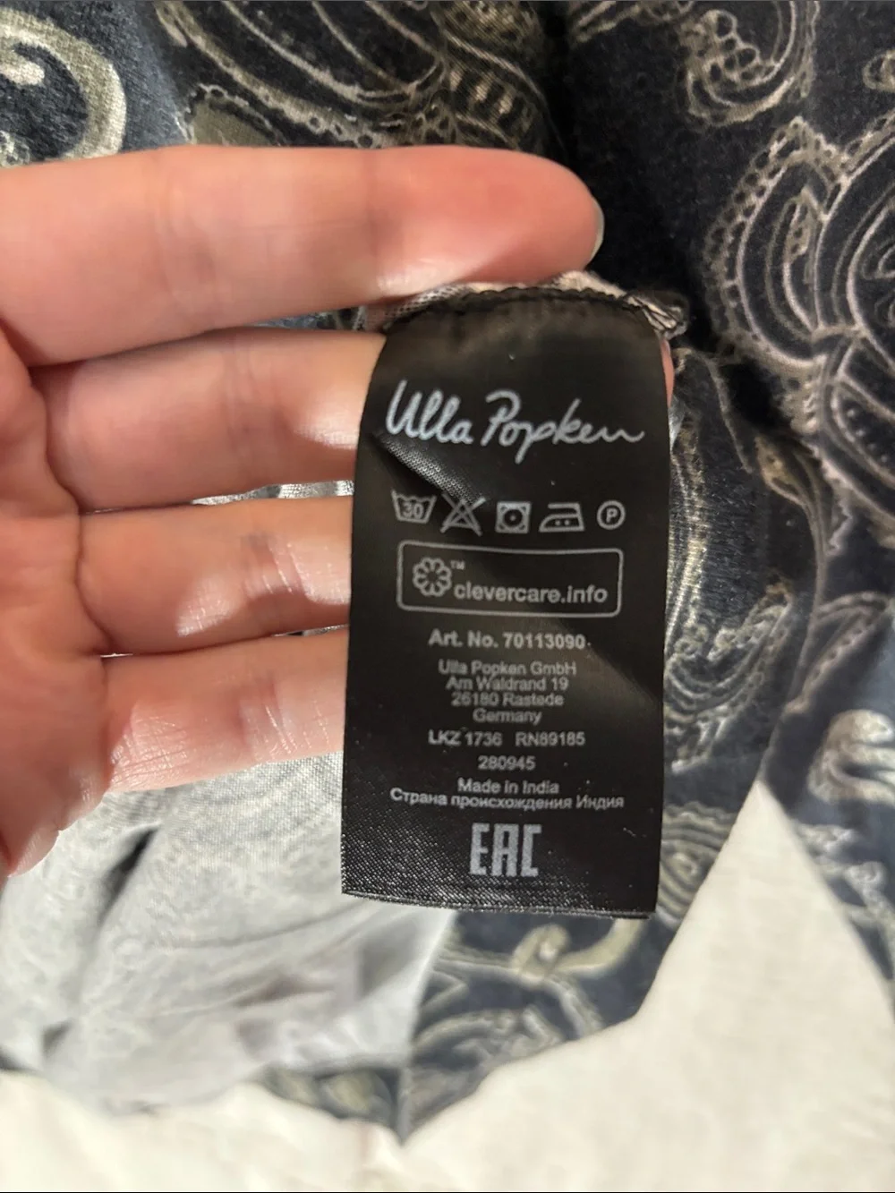 Ulla Popken Paisley V Neck 100%Cotton Tunic Top Plus Size 32/34 4X 5X Grey Black